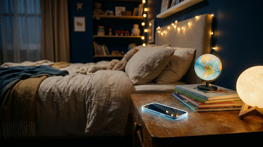 A child's bedroom at night, lit softly, a phone resting face-up on the nightstand